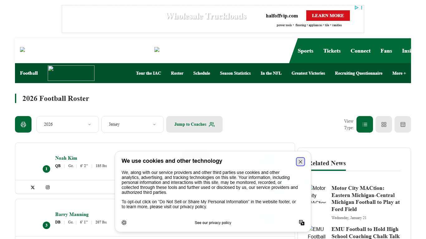 2026 Football Roster - Eastern Michigan University Athletics